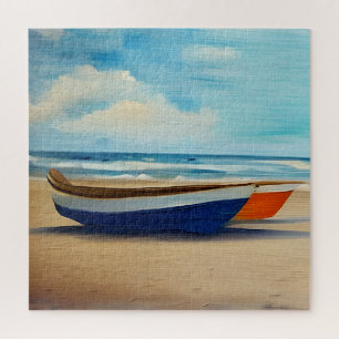 Rode en blauwe boot op een zandstrand legpuzzel