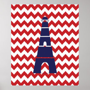 Rode en blauwe Chevron Nautical Lighthouse Poster