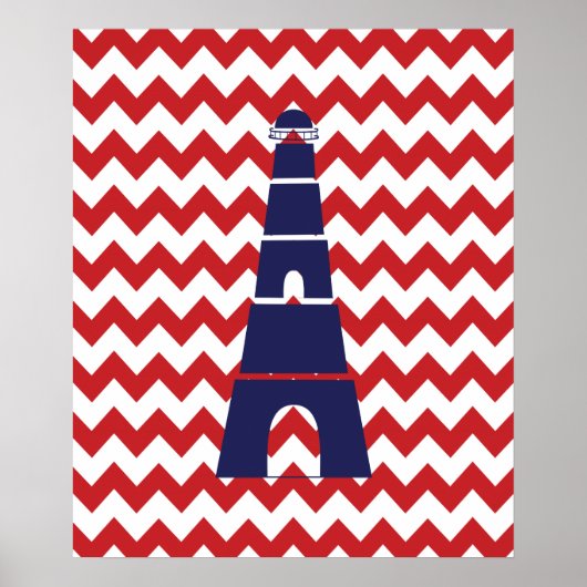Rode en blauwe Chevron Nautical Lighthouse Poster (Voorkant)