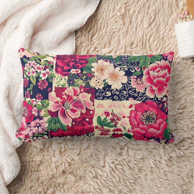 Rode en blauwe Chinoiserie Patchwork Kussen (Deken)