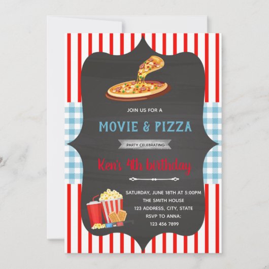 Rode en blauwe gingham pizzafilmthema uitnodiging (Voorkant)