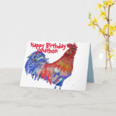 Rode en Blauwe Haan Aquarel Kip Mannennaam Kaart (Gele Bloem)