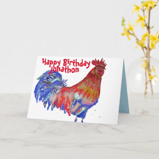 Rode en Blauwe Haan Aquarel Kip Mannennaam Kaart (Gele Bloem)