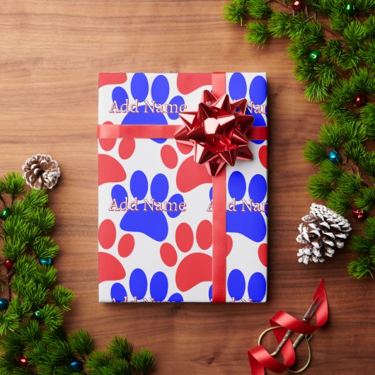Rode en Blauwe Hondenpoot Print Aangepaste Naam Cadeaupapier (Feestdagen Geschenken)