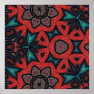 Rode en Blauwe Kaleidoscoop Mandala Bloempatronen Poster