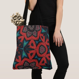 Rode en Blauwe Kaleidoscoop Mandala Bloempatronen Tote Bag