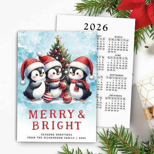 Rode en blauwe Kerstpinguïns Merry and Bright Feestdagenkaart