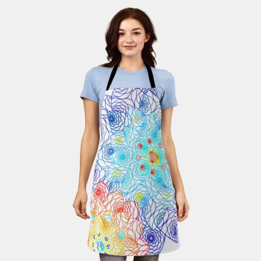 Rode en blauwe kleurrijke bloemen schort (Gedragen)