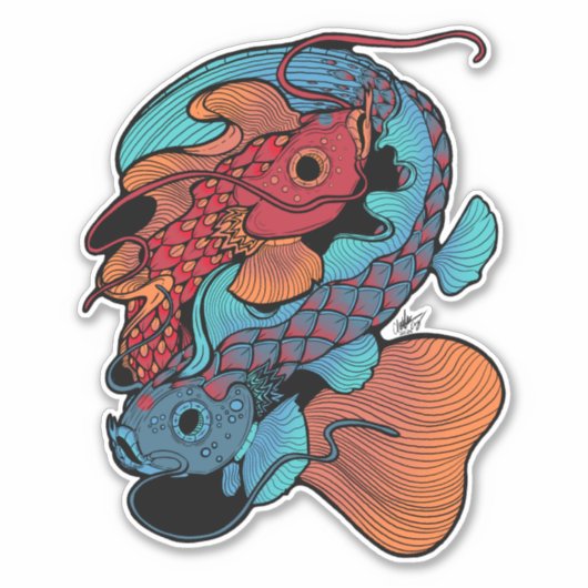 Rode en blauwe koi vis sticker (Voorkant)