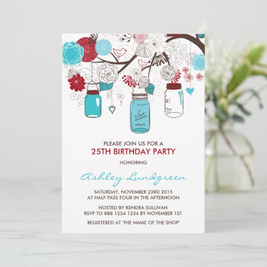 Rode en blauwe Mason Jars Birthday Party Kaart (Staand voorkant)