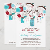 Rode en blauwe Mason Jars Birthday Party Kaart (Voorkant / Achterkant)