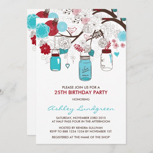 Rode en blauwe Mason Jars Birthday Party Kaart (Voorkant / Achterkant)