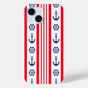 Rode en blauwe nautische ankers en scheepswiel iPhone 15 case