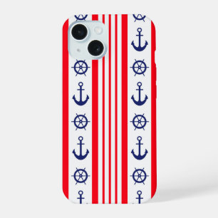 Rode en blauwe nautische ankers en scheepswiel iPhone 15 case