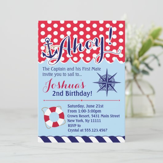Rode en blauwe nautische verjaardagsuitnodiging kaart (Staand voorkant)