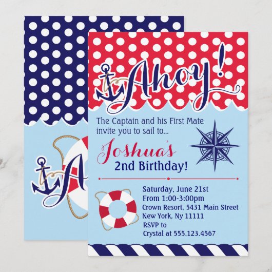 Rode en blauwe nautische verjaardagsuitnodiging kaart (Voorkant / Achterkant)