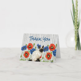 Rode en blauwe papavers met Siamese kat Bedankkaart