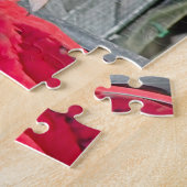 Rode en blauwe papegaaien die bij elkaar zitten legpuzzel (Zijkant)