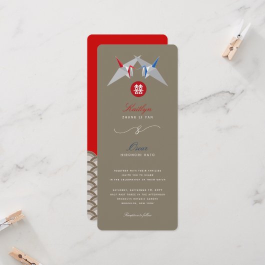 Rode en blauwe papieren kranen origami Chinese bru Kaart (Voorkant / Achterkant in situ)