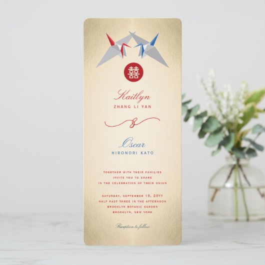 Rode en blauwe papieren kranen origami Chinese bru Kaart (Staand voorkant)