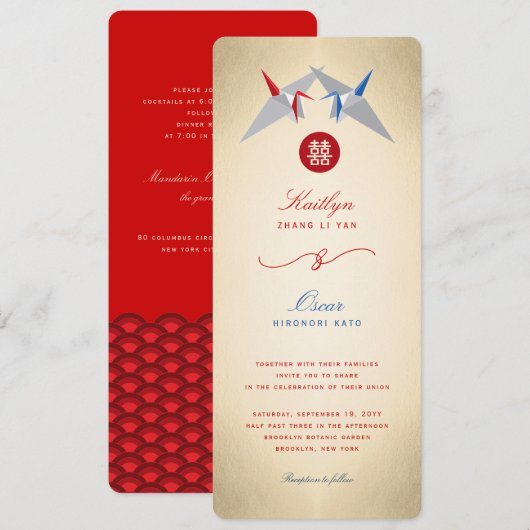 Rode en blauwe papieren kranen origami Chinese bru Kaart (Voorkant / Achterkant)