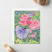 Rode en blauwe pastel Garden bloei gele accenten Notitiekaartje (Voorkant / Achterkant in situ)