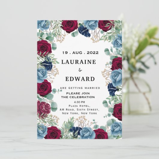 rode en blauwe rozen witte florale kalligrafie kaart (Staand voorkant)