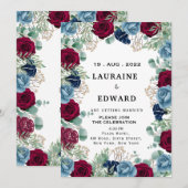 rode en blauwe rozen witte florale kalligrafie kaart (Voorkant / Achterkant)