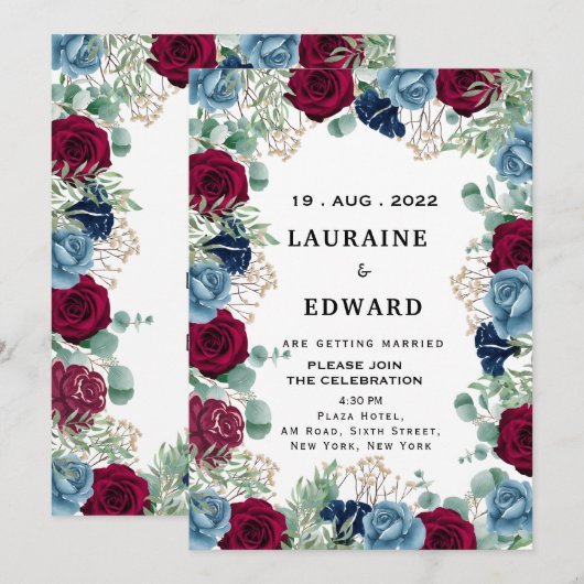 rode en blauwe rozen witte florale kalligrafie kaart (Voorkant / Achterkant)