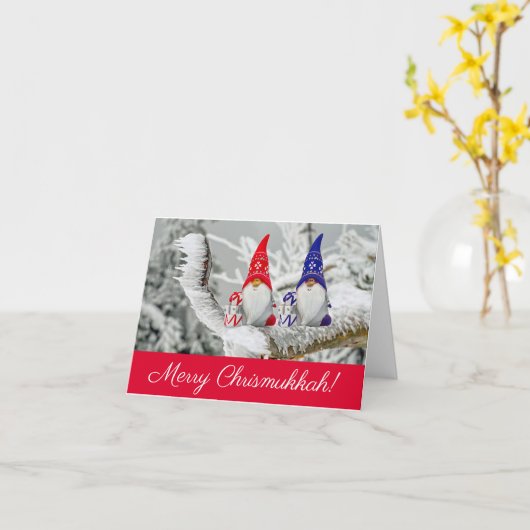 Rode en blauwe Santa Elves Merry Chrismukkah Kaart (Gele Bloem)