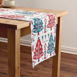 Rode en blauwe Scandinavische kerstboom volks kuns Medium Tafelloper