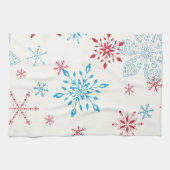 Rode en blauwe sneeuwvlokken op een witte achtergr theedoek (Horizontaal)