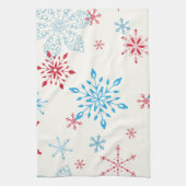 Rode en blauwe sneeuwvlokken op een witte achtergr theedoek (Verticaal)