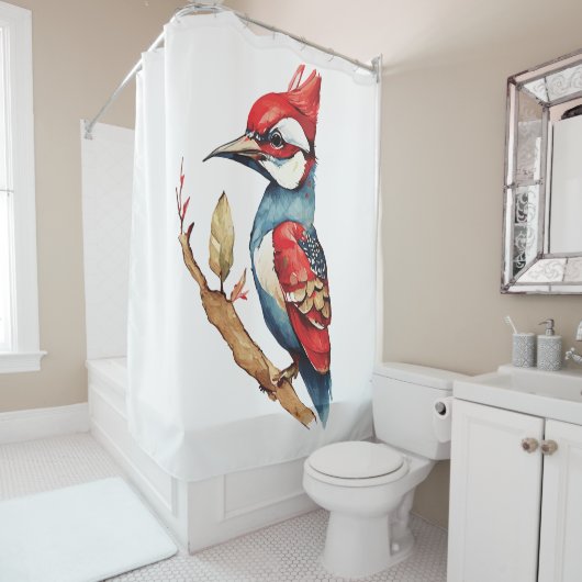 Rode en blauwe specht douchegordijn (In situ)