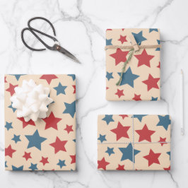 Rode en blauwe sterren, 4 juli, beige achtergrond inpakpapier vel