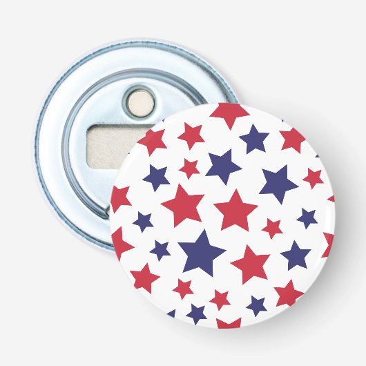 Rode en blauwe sterren, 4 juli, witte achtergrond button flesopener (Voorkant)