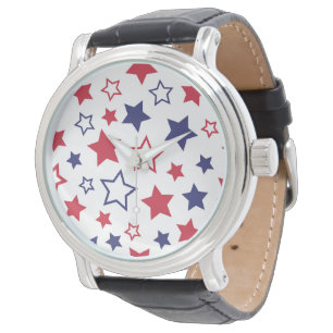 Rode en blauwe sterren, 4 juli, witte achtergrond horloge
