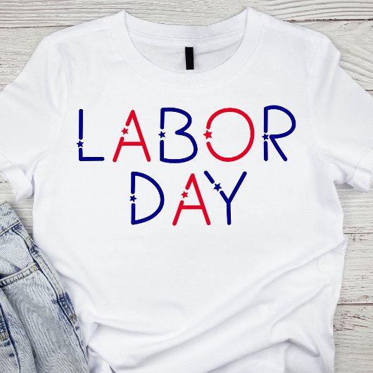 Rode en Blauwe Sterrendag Labour Day Lettering T-shirt