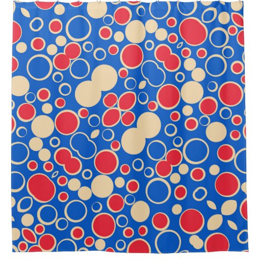 Rode en blauwe Stippen op blauw Douchegordijn (Voorkant)