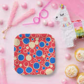 Rode en blauwe Stippen op rood Papieren Bordje (Feest)