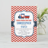 Rode en blauwe trein verjaardagsfeestje uitnodigin kaart (Staand voorkant)