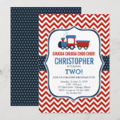 Rode en blauwe trein verjaardagsfeestje uitnodigin kaart (Voorkant / Achterkant)