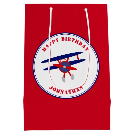 Rode en blauwe vliegtuigen Aangepaste geboortecycl Medium Cadeauzakje (Achterkant)