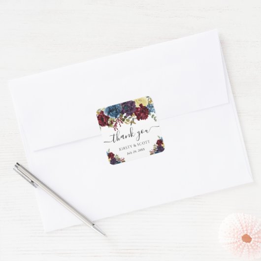 Rode en blauwe winterbloemen bruiloft vierkante sticker (Envelop)