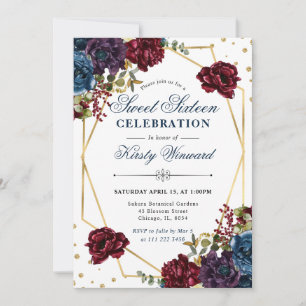 Rode en Blauwe Winterbloemen en Frame Sweet 16 Kaart