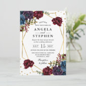 Rode en Blauwe Winterbloemen Gouden Lijst bruiloft Kaart (Staand voorkant)