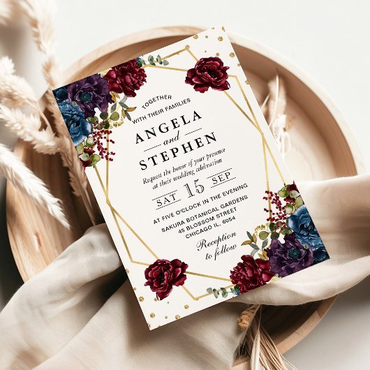 Rode en Blauwe Winterbloemen Gouden Lijst bruiloft Kaart