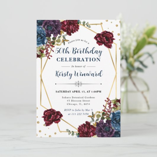 Rode en blauwe winterbloemen Lijst 50ste verjaarda Kaart (Staand voorkant)