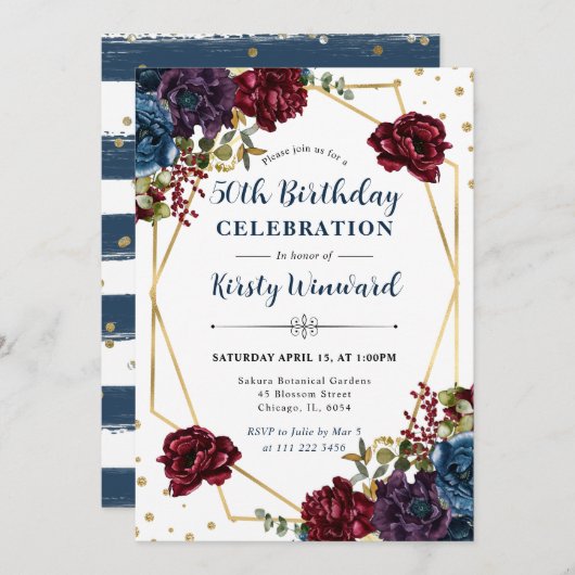 Rode en blauwe winterbloemen Lijst 50ste verjaarda Kaart (Voorkant / Achterkant)