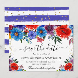 Rode en Blauwe Zomerbloemen Bruiloft Save The Date